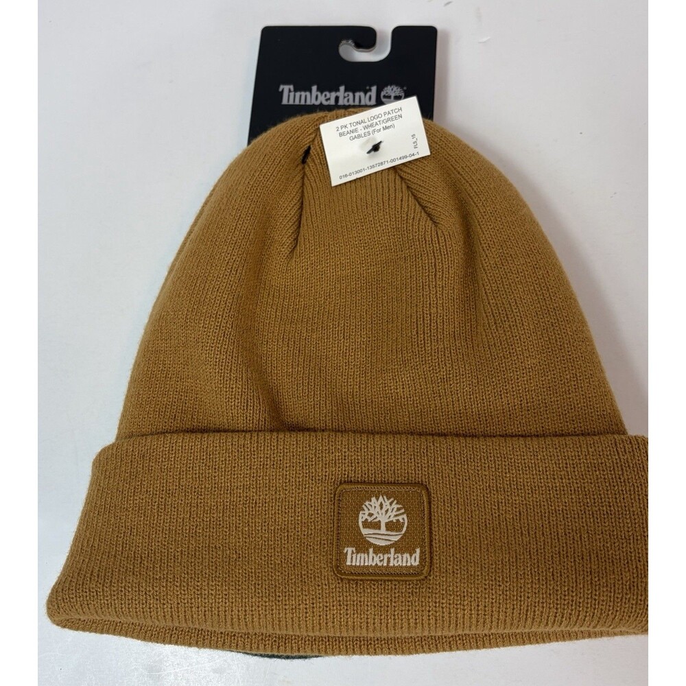 Timberland Cuffed Beanies Two Pack Tonal Logo Patch Brown & Green OS NWT